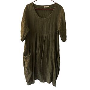 Woolovers Scoop Neck Short Sleeve Army‎ Green Linen Dress Pockets Size14